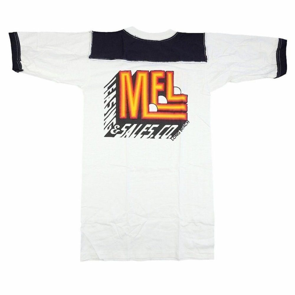 Vintage MEL Long Beach T Shirt Mens Size Small Dark Blue 80s Ringer Tee